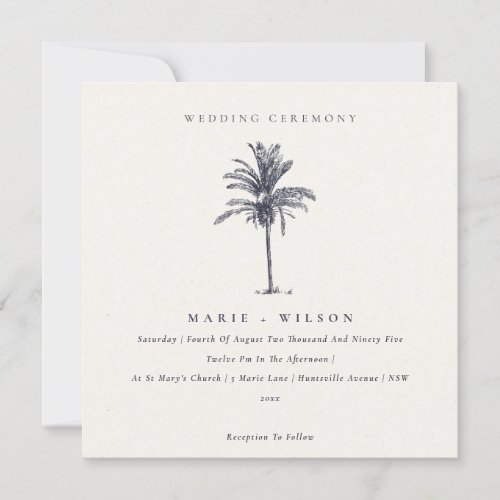 Tropical Palm Tree Navy Kraft Wedding Invite