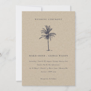 Tropical Palm Tree Navy Kraft Wedding Invite