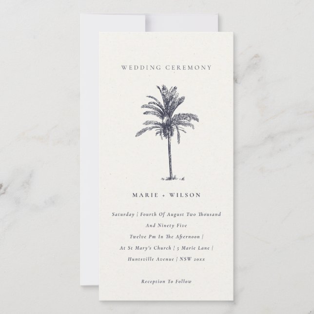 Tropical Palm Tree Navy Kraft Wedding Invite (Front)