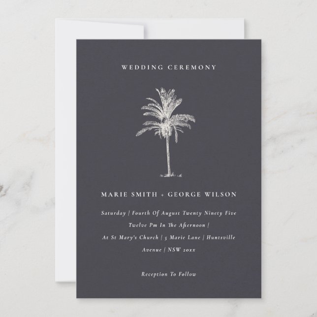 Tropical Palm Tree Navy Kraft Wedding Invite (Front)