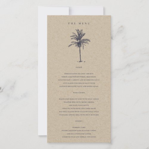 Tropical Palm Tree Navy Kraft Wedding Menu Card