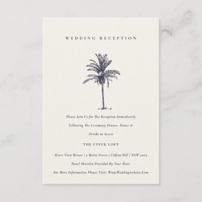 Tropical Palm Tree Navy Kraft Wedding Reception Enclosure Card (Front)