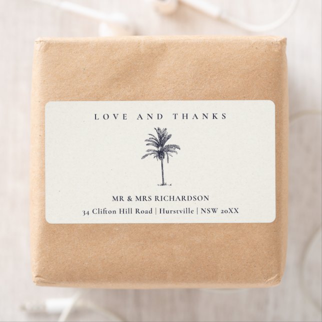 Tropical Palm Tree Navy Kraft Wedding Thanks Label (Insitu)