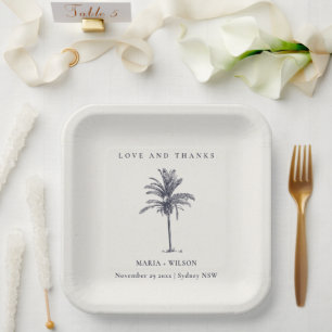 Tropical Palm Tree Navy Kraft Wedding Thanks Paper Plates