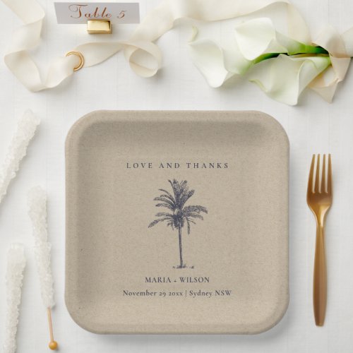 Tropical Palm Tree Navy Kraft Wedding Thanks Paper Plates