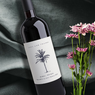 Tropical Palm Tree Navy Kraft Wedding Thanks Wine Label