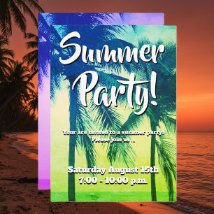 Tropical palm tree neon color summer party invitation