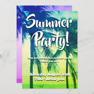 Tropical palm tree neon color summer party invitation