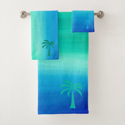 Tropical Palm Tree Ocean Blue Green Ombre Beach Bath Towel Set