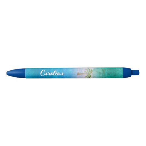 Tropical Palm Tree Ocean Blue Green Weathered Name Black Ink Pen