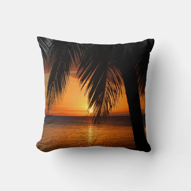 Tropical Palm Tree on Orange Sunset Island Throw Pillow (Front)