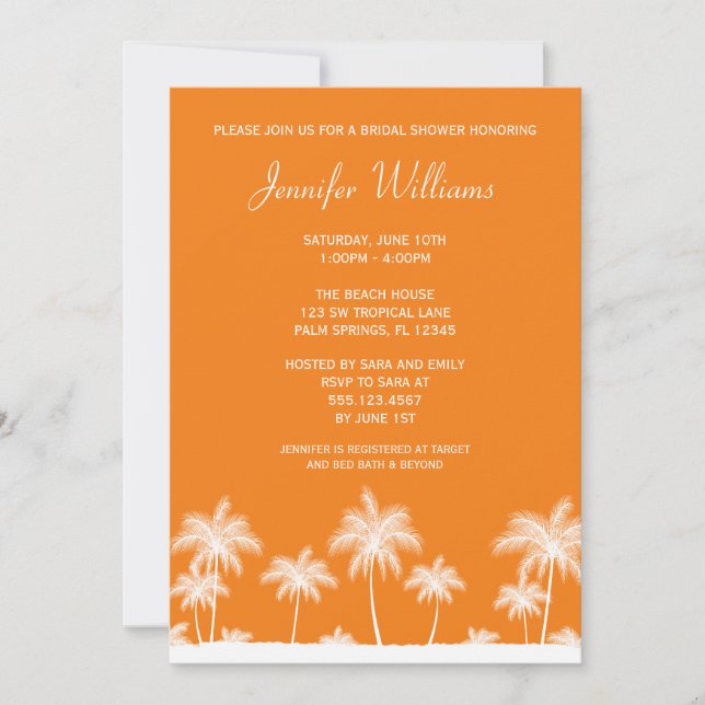 Tropical Palm Tree Orange Bridal Shower Invitation (Front)