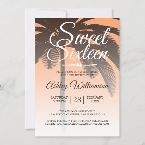 Tropical Palm Tree Orange Sweet 16 16th Birthday Invitation