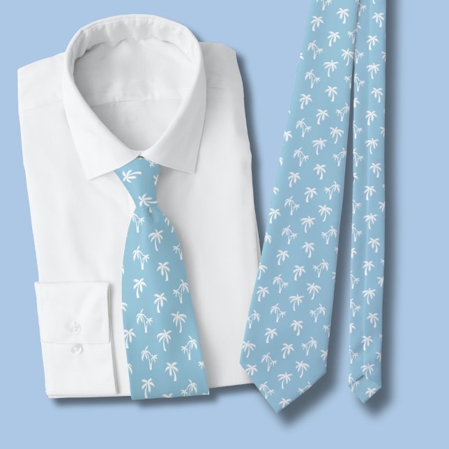 Tropical Palm Tree pattern baby blue Neck Tie (light blue and white palm tree tie)