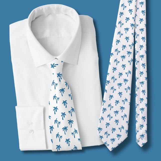 Tropical Palm Tree pattern blue Neck Tie (blue and white palm tree tie)