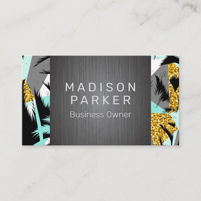 Tropical Palm Tree Pattern | Metal Brushed Business Card (Front)