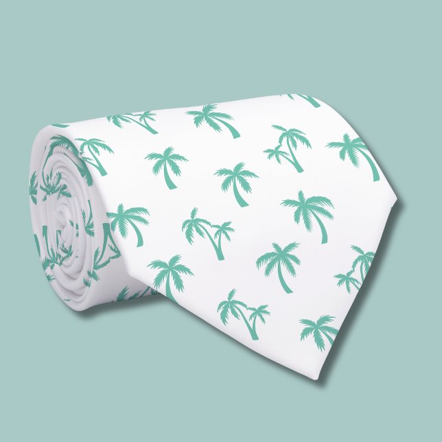 Tropical Palm Tree pattern sea green Neck Tie (green and white palm tree tie )