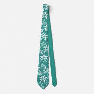 Tropical Palm Tree Pattern Teal Coastal Style Neck Tie