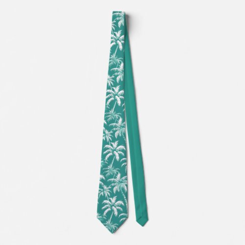 Tropical Palm Tree Pattern Teal Coastal Style Neck Tie