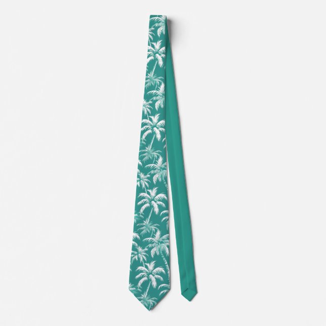 Tropical Palm Tree Pattern Teal Coastal Style Neck Tie (Front)