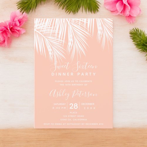 Tropical palm tree peach typography Sweet 16 Invitation