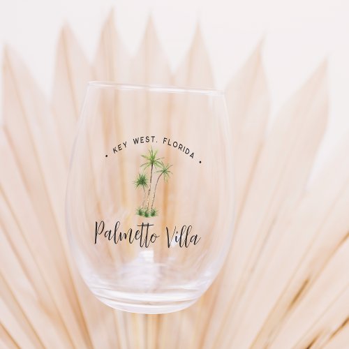 Tropical Palm Tree Personalized Beach House Name Stemless Wine Glass
