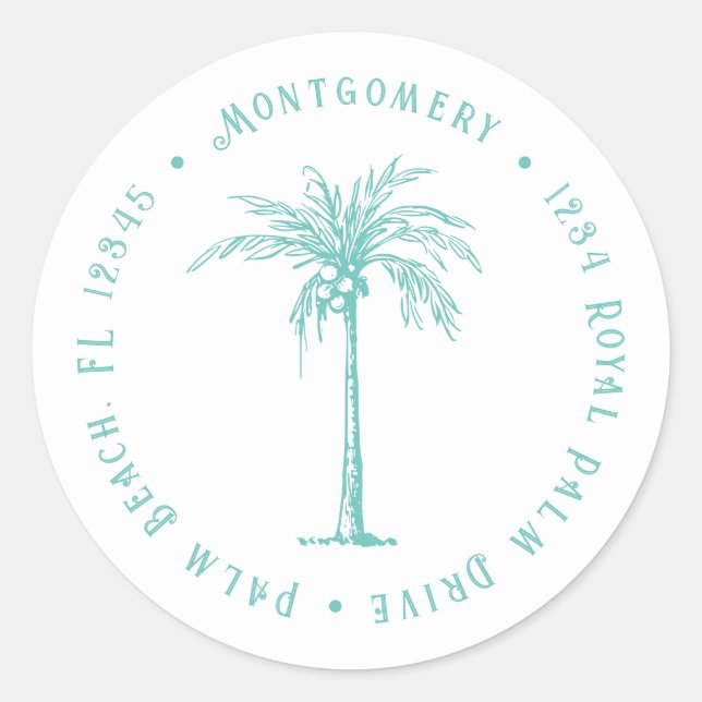 Tropical Palm Tree Personalized Return Address Classic Round Sticker (Front)