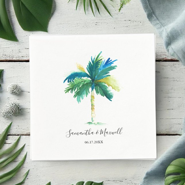 Tropical Palm Tree Personalized Wedding Napkins (Palm tree napkin tropical watercolor art by Victoria Grigaliunas Do Tell A Belle)