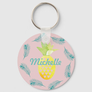 Tropical Palm Tree Pineapple Pink Name   Keychain
