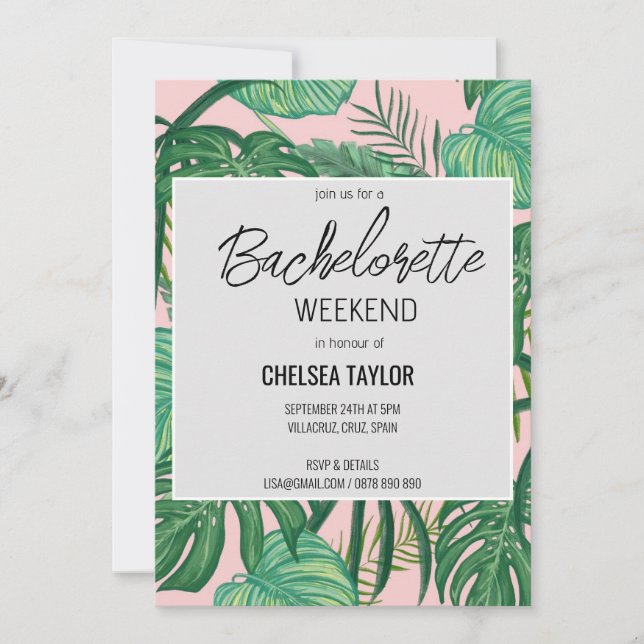 Tropical Palm Tree Pink Bachelorette Party Invitation (Front)