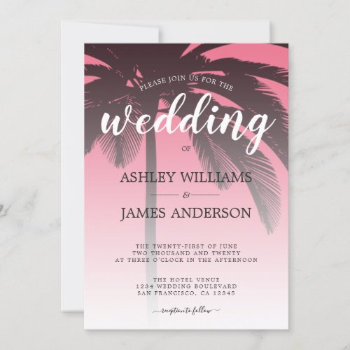 Tropical Palm Tree Pink Beach Wedding Invitation