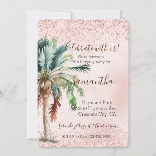 Tropical Palm Tree Pink Glitter    Invitation