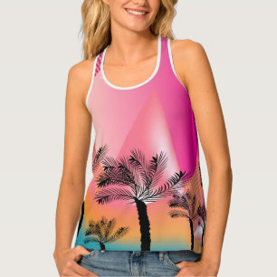 Tropical Palm Tree Pink White Tank Top