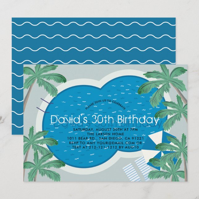 Tropical Palm Tree Pool Party Adult Birthday Invitation (Front/Back)