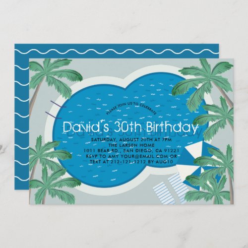 Tropical Palm Tree Pool Party Adult Birthday Invitation