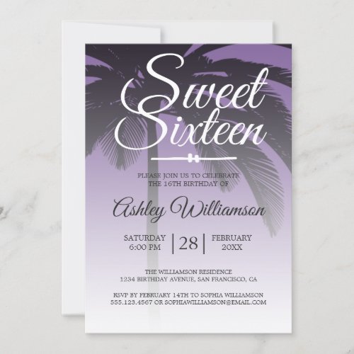 Tropical Palm Tree Purple Sweet 16 16th Birthday Invitation