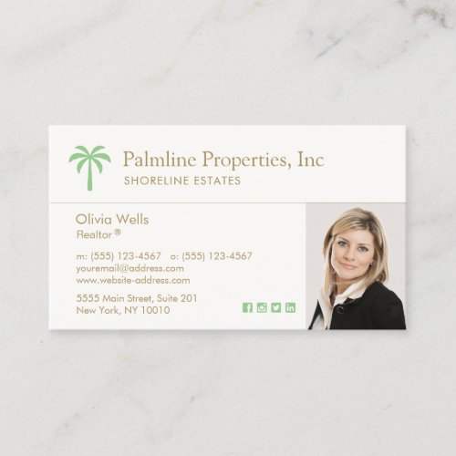 Tropical Palm Tree  Real Estate Agent Photo Business Card
