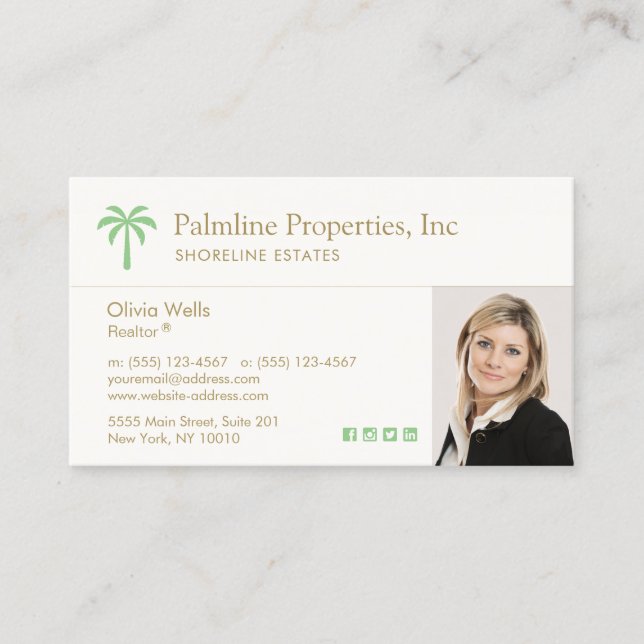 Tropical Palm Tree  Real Estate Agent Photo Business Card (Front)