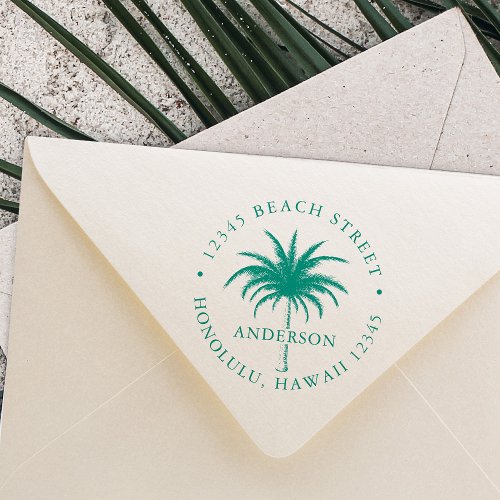 Tropical Palm Tree Round Return Address Rubber Stamp