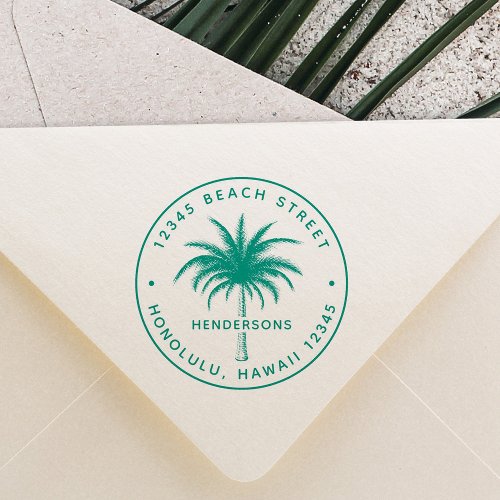 Tropical Palm Tree Round Return Address Rubber Stamp
