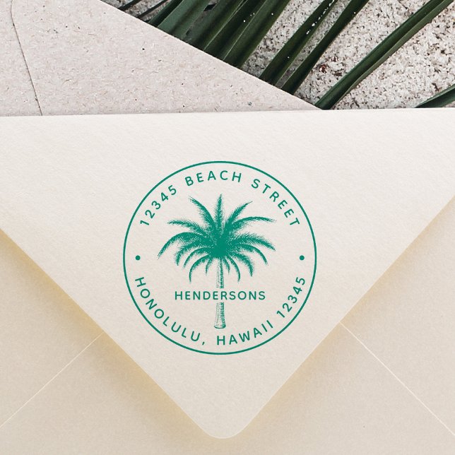Tropical Palm Tree Round Return Address Rubber Stamp (Creator Uploaded)