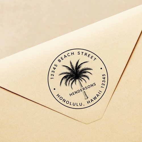 Tropical Palm Tree Round Return Address Self_inking Stamp