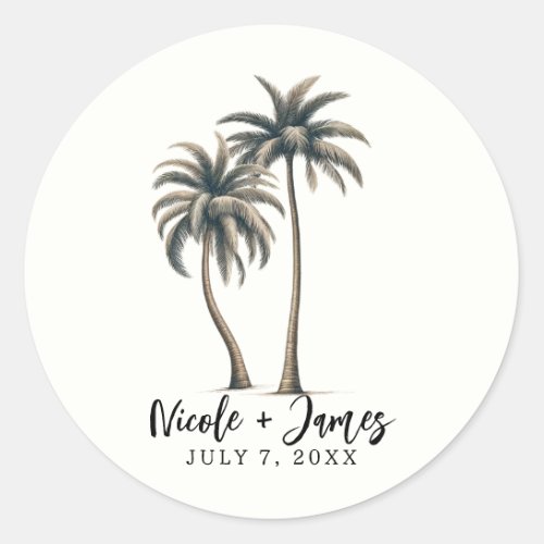Tropical Palm Tree Rustic Coastal Wedding Classic Round Sticker