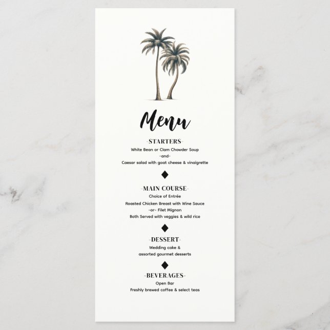 Tropical Palm Tree Rustic Coastal Wedding Menu (Front)