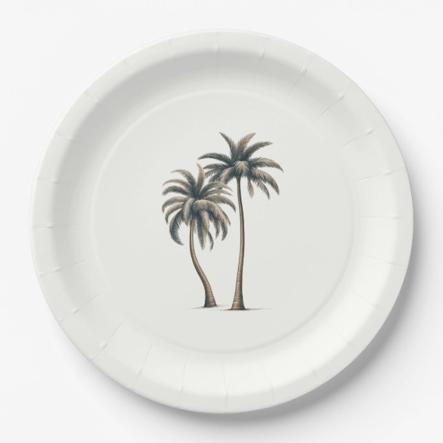 Tropical Palm Tree Rustic Coastal Wedding Paper Plates (Front)