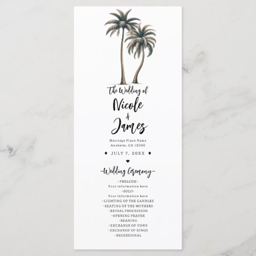 Tropical Palm Tree Rustic Coastal Wedding Program