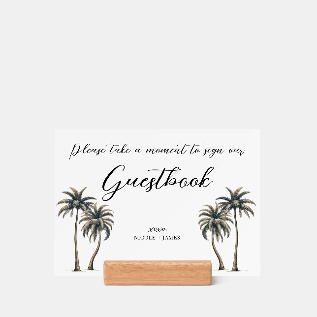 Tropical Palm Tree Rustic Coastal Wedding Sign Holder (Woodblock)