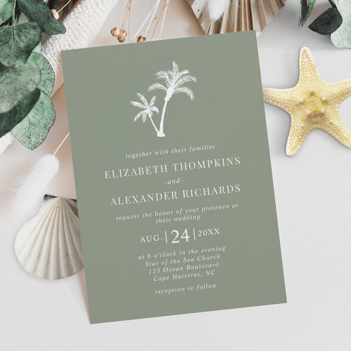 Tropical Palm Tree Sage Green Beach Wedding Invitation