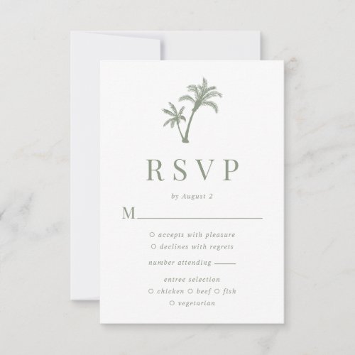 Tropical Palm Tree Sage Green Beach Wedding RSVP Card