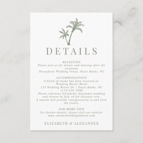 Tropical Palm Tree Sage Green Wedding Details Enclosure Card